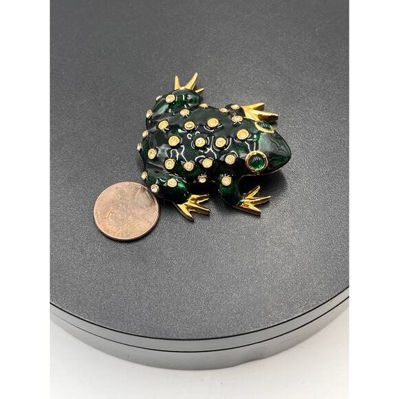 Ivana Trump Vintage Signed Green Enamel Rhinestone Eyes Gold Tone Brooch - Picture 8 of 8